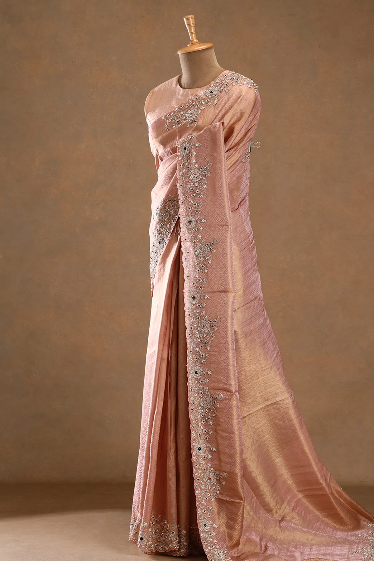 Pink stone embroidered tissue designer saree